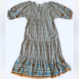 Elegant Floral Maxi Dress with Blue and Brown Accents